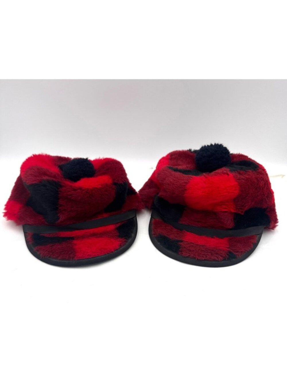 Vtg Red & Black Plaid Faux Fur Winter Hats Pom Pom & Visor Sz 6 7/8 & 7 1/4 USA